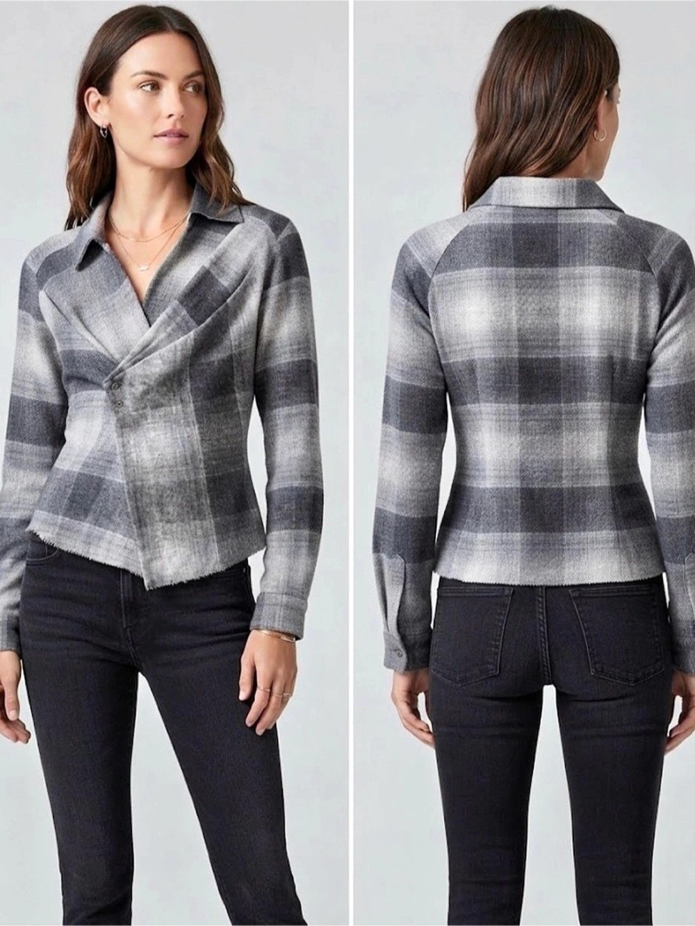 RtA Lizbeth Asymmetrical Plaid Wool Flannel Wrap Top Shirt Jacket XS